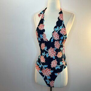 Vanilla Beach Women's Black Floral Scalloped Edge One-Piece Swimsuit - Size XS